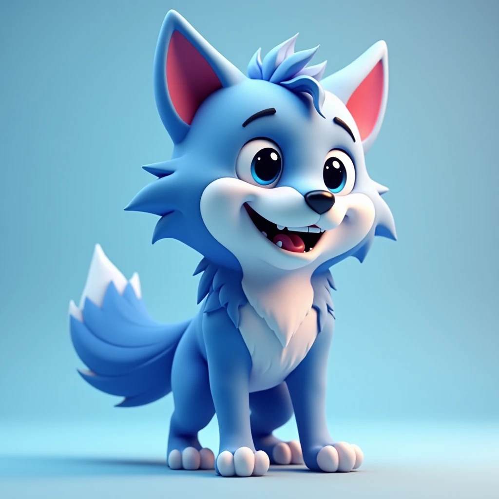  Create a wolf mascot , 3d, Graphic, colorful, happy, standing, with bigger head ,  colors predominantly blue and gray, Indicating to the right