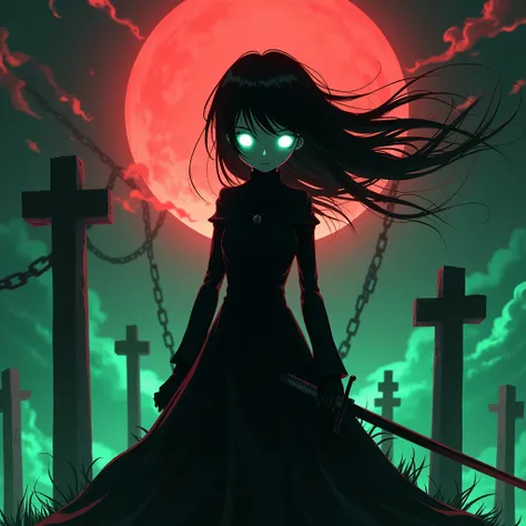 Anime girl and the body is fully black only eyes are glowing with white effects and Red fire background with lots of green neon effects and black chain flying besides her far distance view And her hairs are flying 4k Next to the graves and a sword in hand