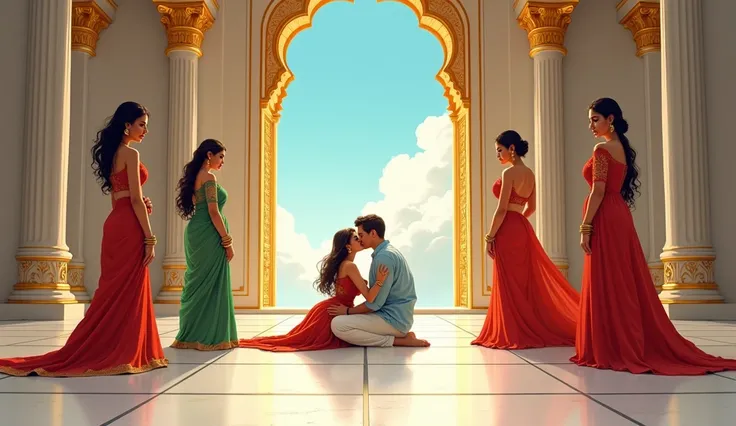 *"A highly detailed 8K ultra HD illustration featuring five couples in a grand royal setting. The leftmost woman sits seductively in a red and gold saree, her wavy black hair flowing. The second couple, dressed in traditional Indian attire, sit in a shy an...