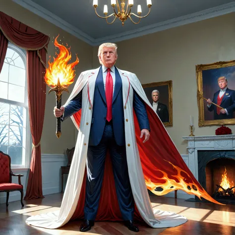 muscular Donald Trump, vital Donald Trump, Donald Trump in white billowing robes, Donald Trump carrying a flaming sword, ghoulish vampire Democrat party, shadow infested White House, best quality, 4k, 8k, highres, masterpiece:1.2, ultra-detailed, realistic...