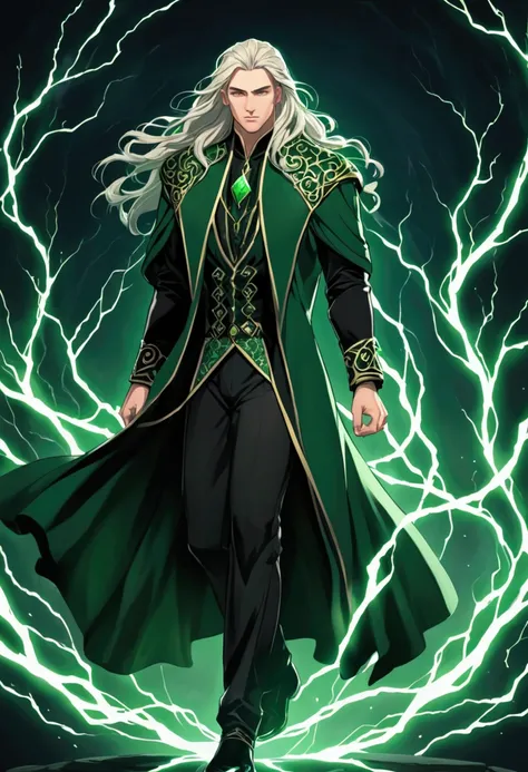  thunder wizard Caucasian man with long hair braided, Full-bodied wearing black and green clothes .