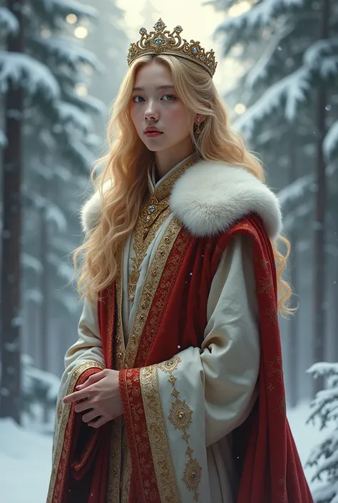 BTSs Park Jimin with blonde hair, long hair and kings clothing in a snowy forest.