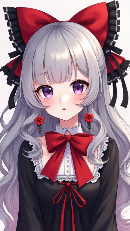 A beautiful, anime-style gothic girl with voluminous wavy gray hair and large, expressive purple eyes. She is adorned with elegant black and red accessories, including a large red bow and black ribbons in her hair. Her makeup features striking red lipstick...