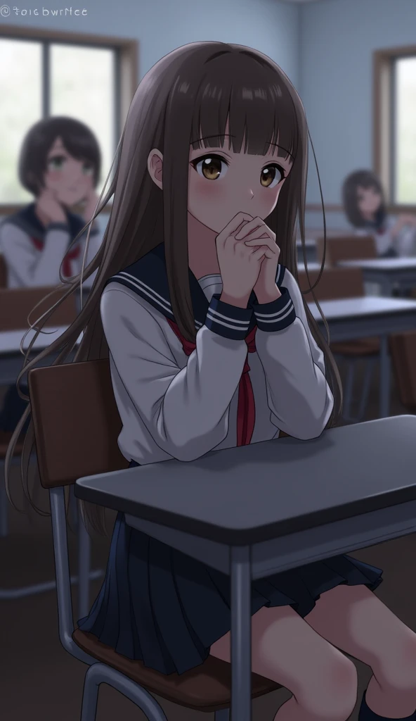 ((masterPiece,  top quality)),best aesthetic, 1 girl ,  school uniform, machine,  sitting, school machine, Brown Hair, classroom,  long hair, indoor, chair,  watching viewers, :P,  solo focus ,  brown eyes,  skirt,  Long Sleeve , Pencil,  1 boy at night, P...