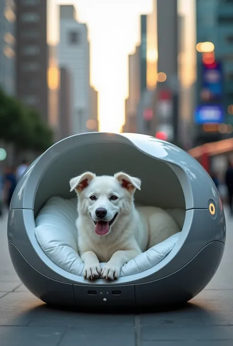  Fun dog bed with Transmillennia shape,( mass transport Bogotá Colombia  ) in anti-liquid anti-scratch material .  With white mixed breed dog inside 