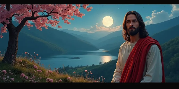 Jesus wearing red scarf, smiling, looking straight to front, cherry tree, bush flowers, grass, hilly lands, full moon and stars , lake visible in far background, night environment