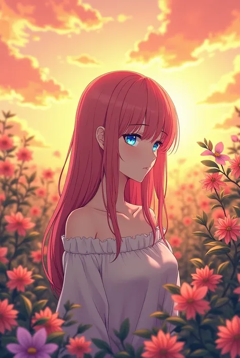 An anime woman with waist-length hair wearing y2k clothes that I have a reserved face and serious shyness , Eyes you see blue water that is anime adult woman whose hair is reddish dark pastel pink that is next to the flowers on an afternoon with a beautifu...