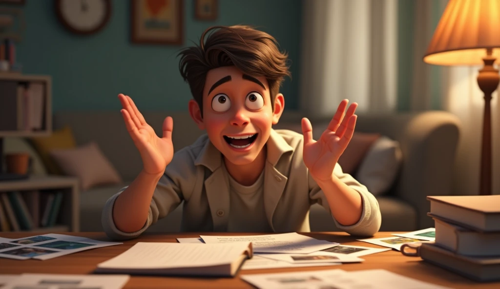 A photorealistic depiction of a person speaking with an overly animated expression, surrounded by props like a notebook, photos, and scattered papers on a table. They gesture widely, attempting to fill gaps in their narrative, while their slightly tense sm...