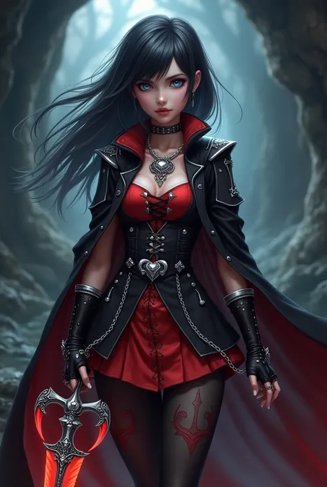 Inspirations from Sora from kingdom hearts with dante from devil may cry features female version with devil may cry inspired keyblade in underworld solo
Red and black armor silver accents keyblade inspired by demonic designs skirt with silver chains small ...