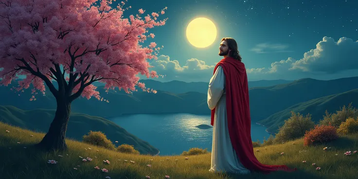 Jesus wearing red scarf, smiling, looking straight to front, cherry tree, bush flowers, grass, hilly lands, full moon and stars , lake visible in far background, night environment