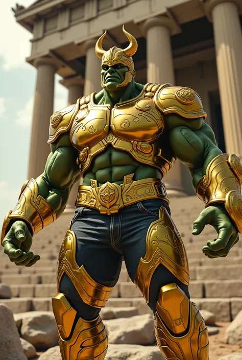 Marvel MCU Hulk full body view in a golden armor inspired by the Taurus constellation armor from the Saint Seiya anime. The armor features a horned helmet, standing in front of a Greek temple. Vibrant metallic textures in anime style.