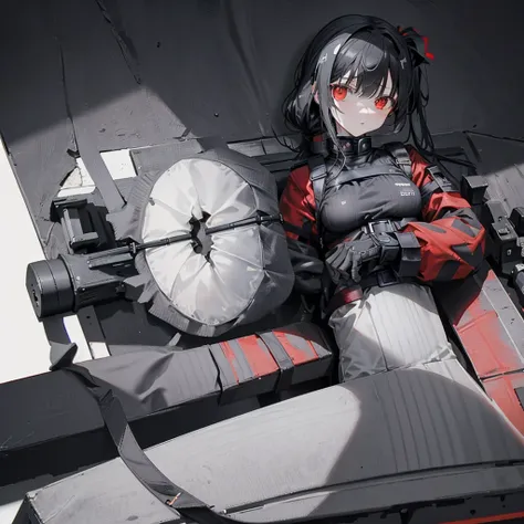  Perfect Anatomy、( table top in front of you:1.2,  top quality),  [ 1 girl, expressionless, oversized red coat,  black hair,  low ponytail ,  red eyes,  body harness , black military uniform,  black skirt,  jacket, ] (Gray and white background:1.5),  ( pla...