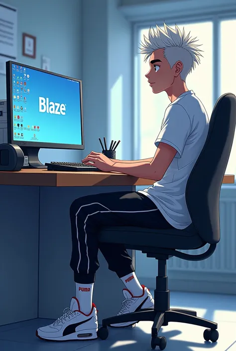  An anime boy how to cut Neymars hair color white puma shirt black puma pants Nike sweatpants Nike sneakers with socks up in the pumas shin socks sitting at a table with a computer at the company Blaze 