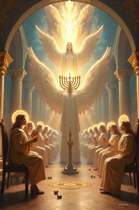 Create me an image that depicts the courts of heaven and Hanukkah