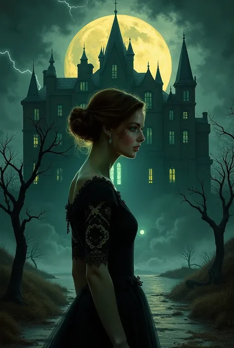 1950s vintage horror movie poster, set on a pitch-black, moonlit night. Featuring the elegant side profile of a sorrowful woman, modeled after Emma Watson, standing in front of a massive, cursed mansion. The woman wears a flowing, vintage 1920s lace gown, ...