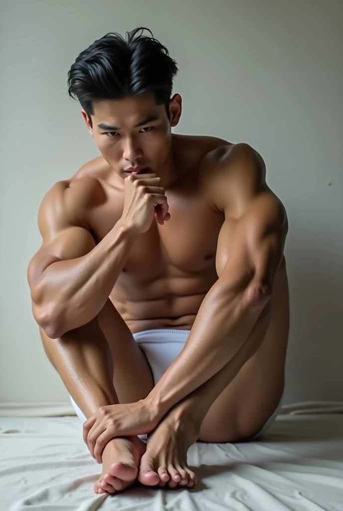 Handsome muscular white Korean man in underwear licking his most muscular feet 