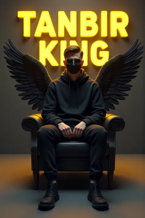 2- Create a 3D illusion for a profile picture where a 25 Year old cute boy in a black hoodie Sitting casually on a Wingback chair. Wearing sneakers, with black mask, and sunglasses, he looks ahead. The background features "Tanbir king" in big and capital Y...