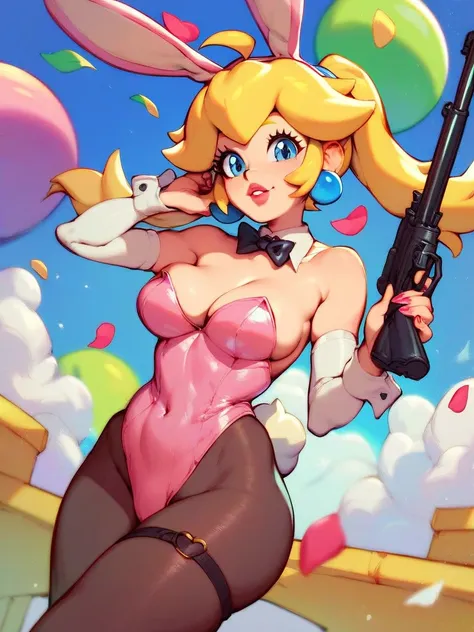 Princess peach has big breasts; wide hips, bunny girl costume, holding machine gun