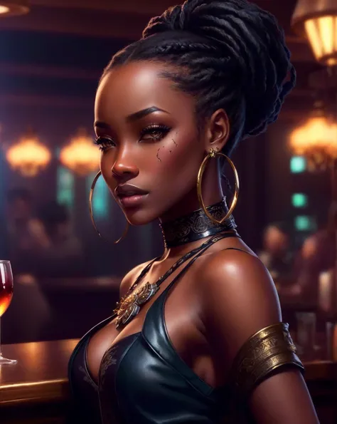 a woman with a glass of wine in a bar, stunning art style, 8k high quality detailed art, deviantart artstation cgscosiety, beautiful digital artwork, high quality portrait, realistic digital art 4k, realistic digital art 4 k, epic portrait illustration, da...