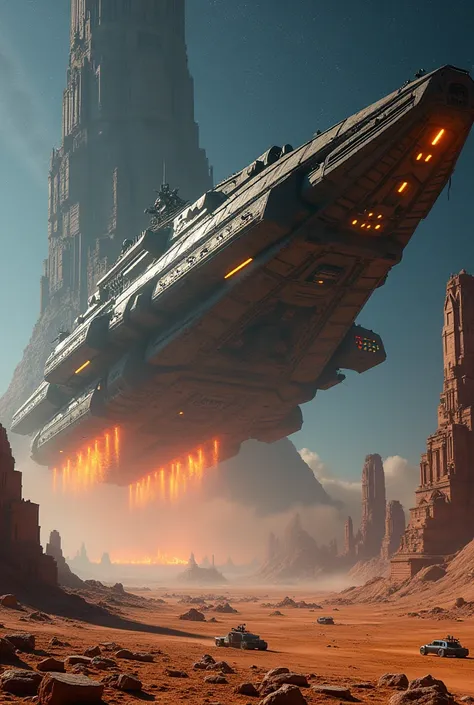 a side view of huge 77,777ft long interstellar battle cruiser with glowing neon on outer parts, mean and super high-tech, villainous orientation, landing on a desert, flame exhaust under for landing, Alien giger lovecraftian military several 77777777777777...