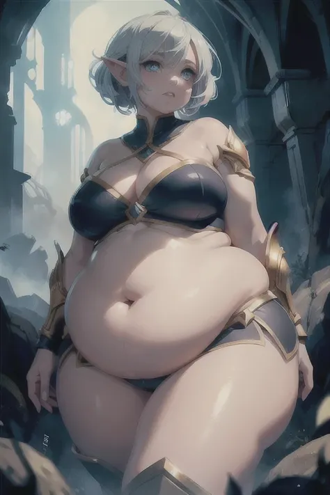 (Best quality),(high resolution),(detailed),1woman,curvy girl,((chubby belly:0.8)),fantasy,fantasy genre,pixie girl,short white hair,glowing armor,light blue armor,beautiful detailed eyes,beautiful detailed lips,extremely detailed eyes and face,long eyelas...