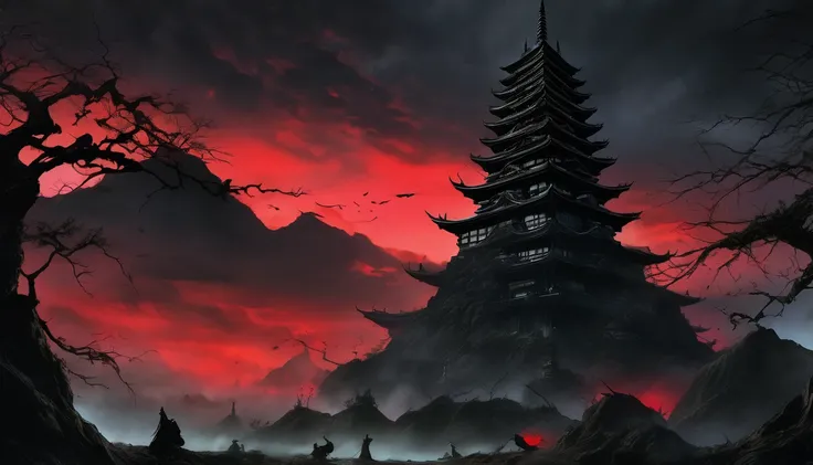 A towering black spire emerging ominously from the ground composed of a grotesque amalgamation of unknown eerie creatures, The spire is made up of various yokai each displaying a range of emotions from joy to anger their faces contorted in fearsome express...