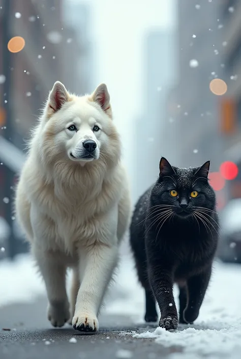 A big white very shaggy dog and a big black very shaggy cath are walking down a winter city street,  professional photo ,  realistic,  High detail