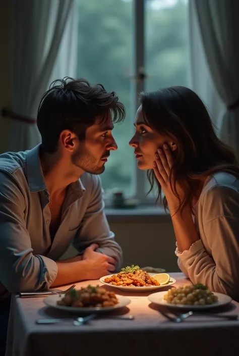 A couple sitting at a table with dinner set , The man is a little shaken and the woman is apologizing for something and the woman has her hand over his hand