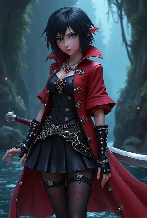 Inspirations from Sora and yozora from kingdom hearts with dante from devil may cry features female version with devil may cry inspired keyblade in underworld solo
Red and black armor silver accents keyblade inspired by demonic designs skirt with silver ch...