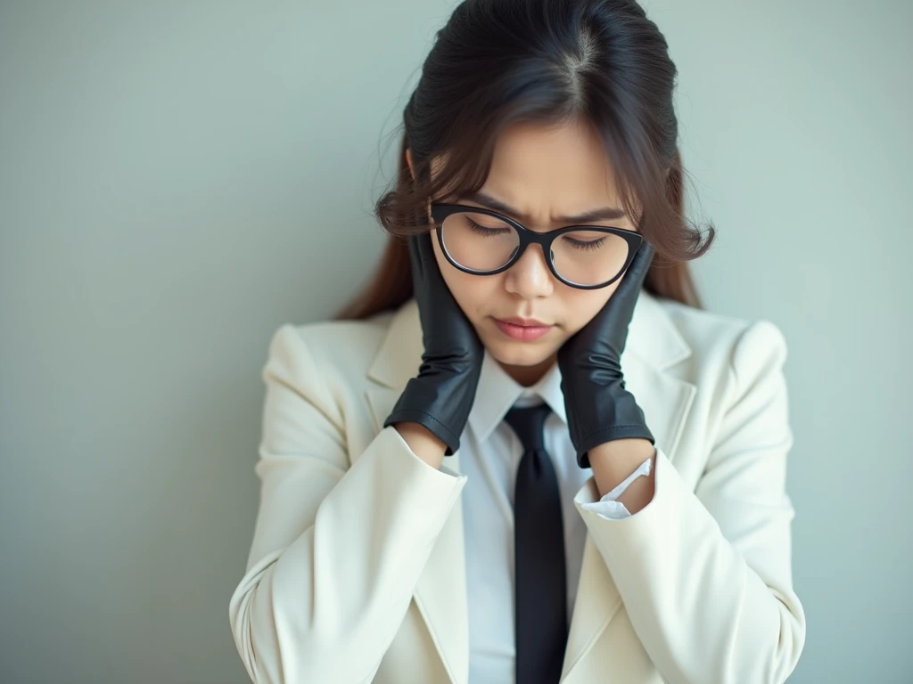  Young beutifuel girl indonesian  black glasses white sweat black tie white suit black glove stomach ache 4k