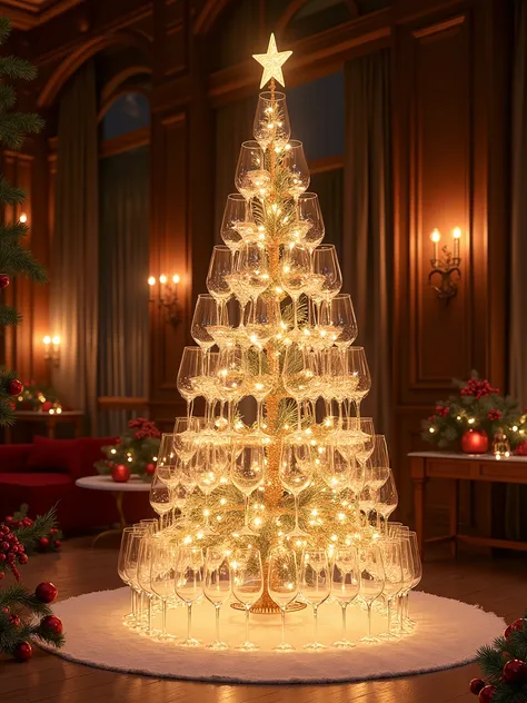 A scene with a Christmas atmosphere, with a Christmas tree made of wine glasses, rendered in high detail and high pixel quality.