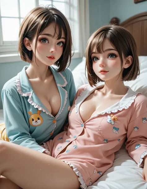 cute sexy small little younger twin sisters relaxing in bed during a hot summer day sweaty and sensual, little cute girls young and petite pre-teen in sexy cute pajamas, medium perky breasts cleavage décolletage low-cut neckline