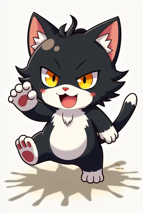 cat, chibi style,This cat should be black on top and have white paws, nose and tummy. He is an ordinary cat, and a bit of a “bad boy”. His hair could be messy. He has yellow eyes. He is known for his troublemaking and aggressive behavior. He craves attenti...