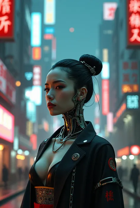 A japanese female robot hooker, robotic skin, from a cyberpunk universe, wearing typical japanese makeup and clothes