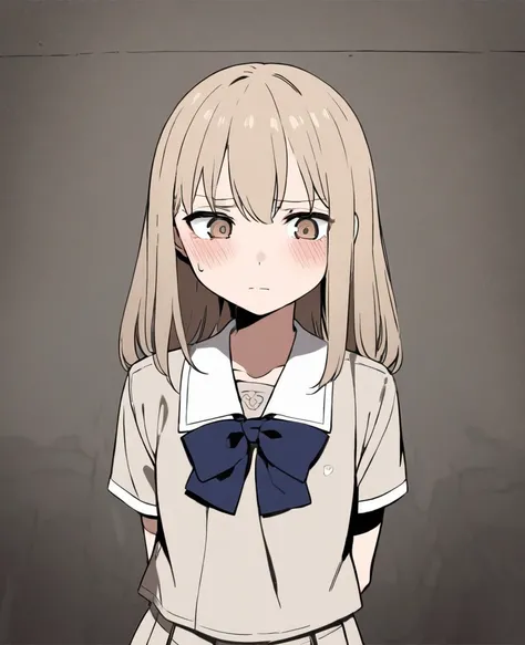 Femboy, beige hair, cute school uniform, dull expression, face facing camera, arms behind back, eyes looking away/eyes looking to the side, HD, shy