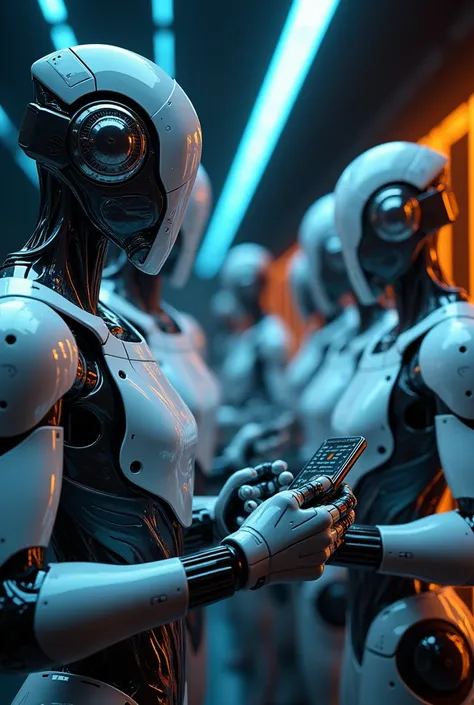 Robots holding futuristic cell phones on black background with blue lines and orange lines