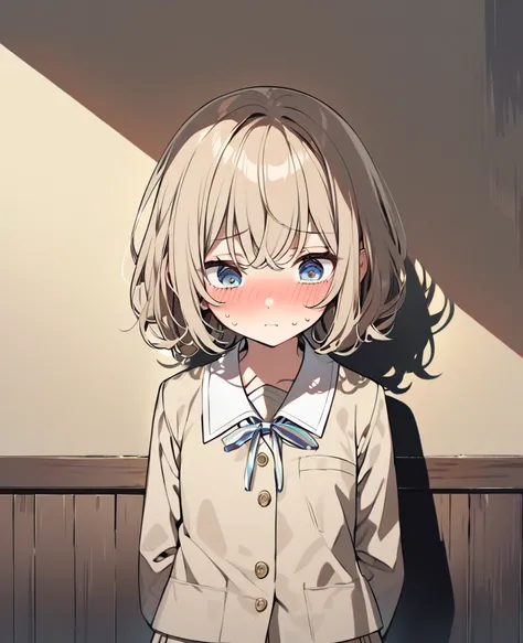 Femboy, beige hair, cute school uniform, dull expression, face facing camera, arms behind back, eyes looking away/eyes looking to the side, HD, embarrassed