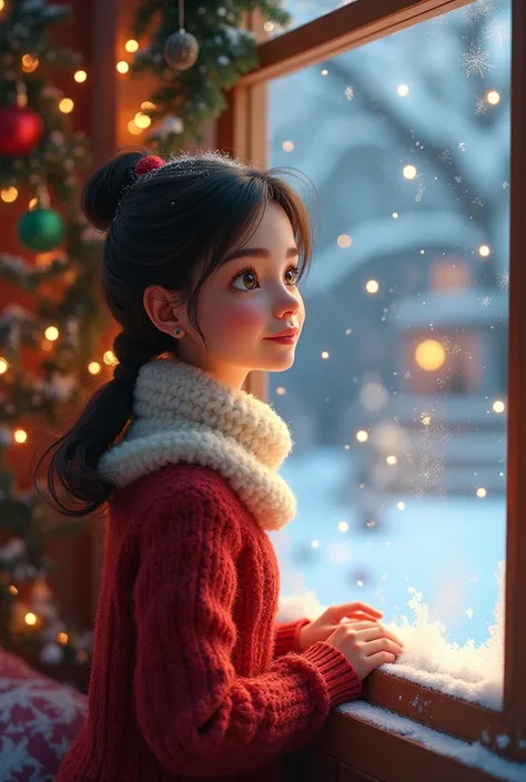 In a picturesque Disney Pixar Christmas illustration, ***ung woman, a charming indoor house is adorned with sparkling "christmas" decorations. Outside, delicate "snow" blankets the scenery, while a "cute young woman" in snug "woolen" underwear gazes throug...