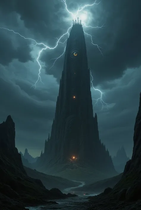 Image of a tower with the all-seeing eye from the movie  "the lord of the rings"  surrounded by dark clouds on the horizon with dark and stormy skies with lots of lightning