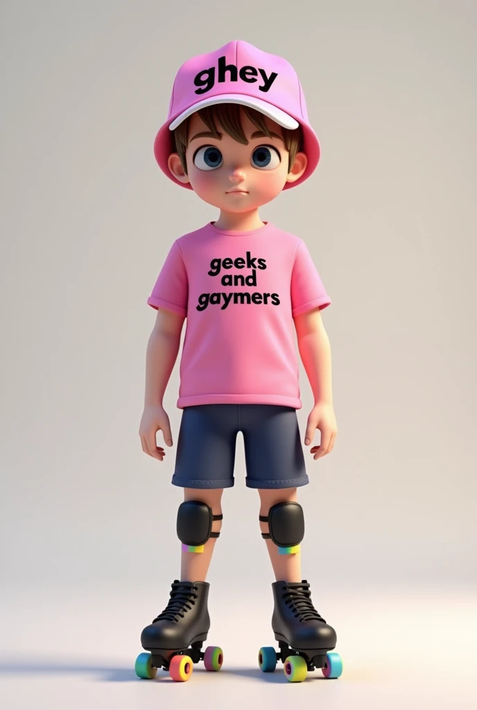 Medium size white male with short brown hair wearing pink hat with black writing that says Ghey, Also wearing pink T-shirt with writing on it saying, Geeks and Gaymrs with navy blue shorts black roller skates and two rainbow knee pads realistic 