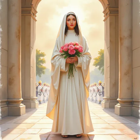 "Generate a highly detailed and textured painting of Saint Thérèse of Lisieux,usando sapato branco , inspired by traditional watercolor techniques from Prompt A. The image should feature delicate transitions of color, utilizing the wet-on-wet technique to ...