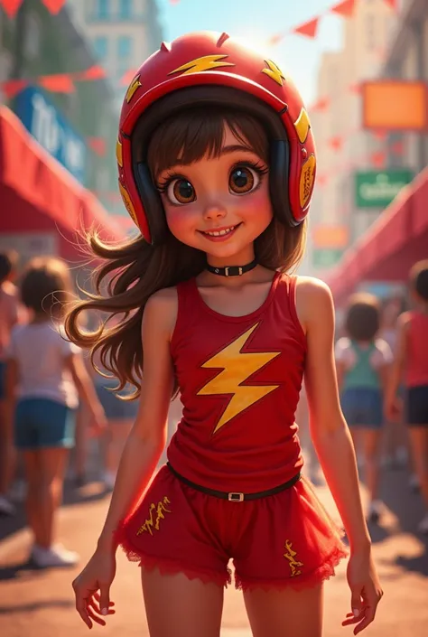 Girl dressed as Lightning McQuee wearing red boxer shorts and red bodice with rays