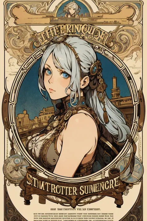 Gray Hair,  girl, cowboy shot,  blue eyes, steampunk, mucha style, top quality, masterpiece,  super high resolution , 