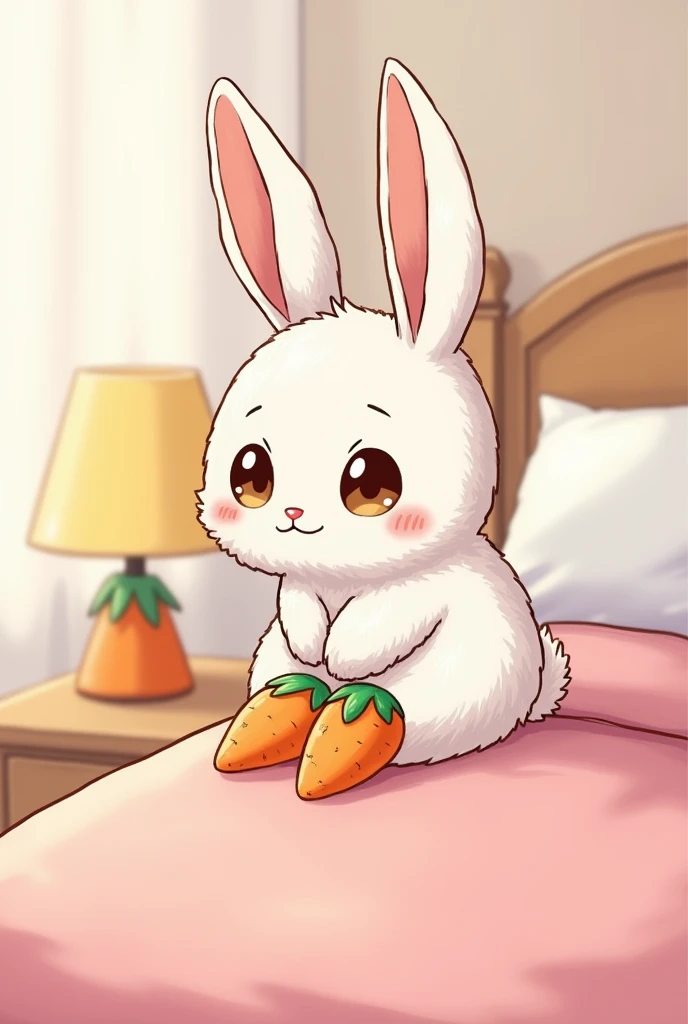 Cartoon anime-style rabbit ,  simpler as a drawing on paper, textured hair , with standing ears and bright eyes sitting on the edge of the bed looking thoughtful,  cute and a little tired of just waking up to sleep , In a room with a pink bed ,  carrot sli...