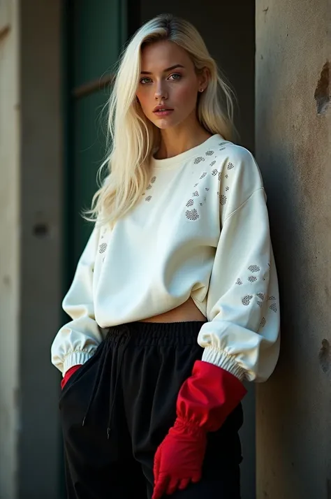 "Create a fashion campaign image featuring a confident woman with long platinum blonde hair, posed assertively against a textured background. She is wearing a modern, oversized white long-sleeve top with perforated patterns, black pants, and a striking red...