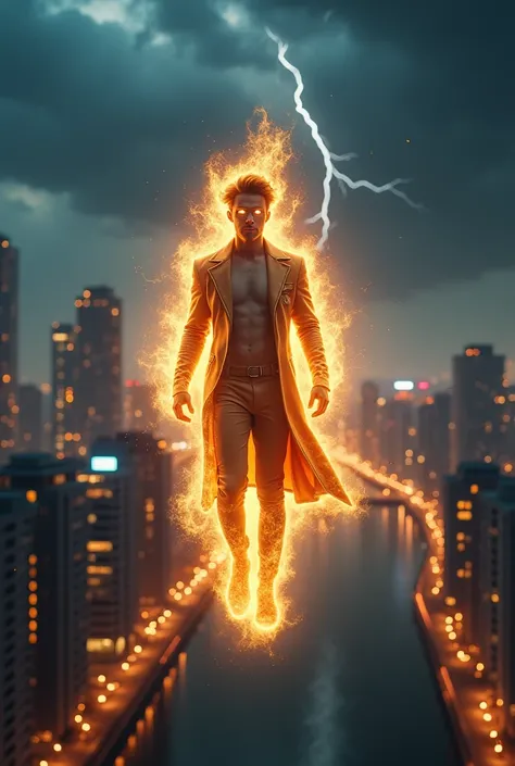 A young man with an imposing golden aura of power, vibrant and undulating like fire, floats in the air as he observes a modern city from above, with a serene but authoritative expression. The scene, captured from a low angle that highlights his figure agai...