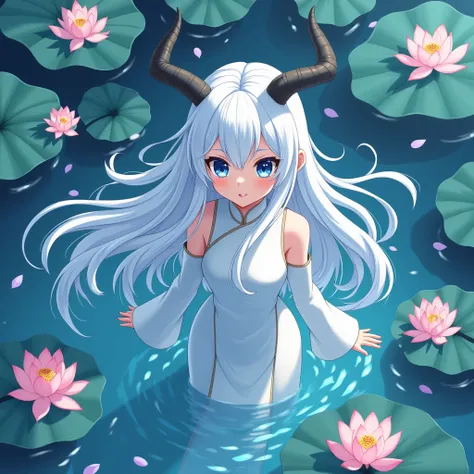 Japanese anime style, with long white hair,blue eyes,long dragon horns,fair skin,beautiful,peaceful,standing in the water,wearing a white Chinese cheongsam,long hair floating in the water,surrounded by many lotus flowers on the water background and lotus l...