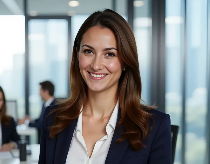 a photo seen from sideways, taken from the side of Collia, as a 35 years old beautiful woman, (35 years old beautiful woman:1.5), with long, wavy brown hair, She is smiling, beautiful nose, (beautiful nose:1.5), brown skin. She is wearing a navy blue blaze...