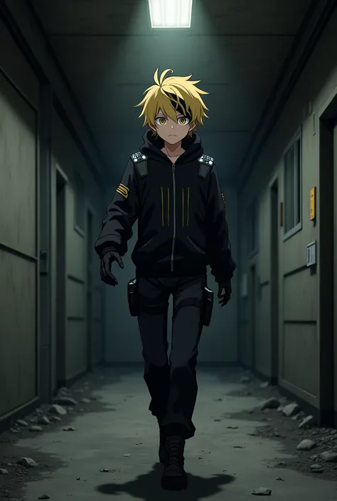  Anime Character. Anime My Hero Academia. Kaminari Denki, wearing black military tactical pants,  black military boots ,  black hooded jacket and small yellow lines , amber yellow eyes, short amber blond hair with a bundle of hair in the shape of a ray in ...