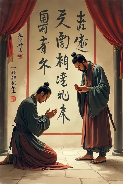  A humble jailer kneels to the ground floor ,  bowed deeply before the calligraphy craftsman .  His hands clasped in front ,  looking full of gratitude and reverence ."

Decomposition 2 :  Handles the letter
eastern feudal era vietnam 